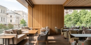 Реечная панель ДПК Ди́френт Лайнс, Австралийский Палисандр (Australian Palisander), Коэкструзия отделка стен в ресторане
